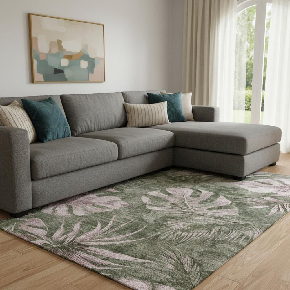 HomeRoots 9' X 12' Olive Green & Blush Floral Washable Area Rug - Stain Resistant & UV Protected for Durability 706962