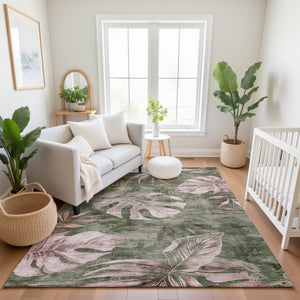 HomeRoots 10' Olive Green and Blush Floral Washable Area Rug with UV Protection - Durable & Stylish Design 706963