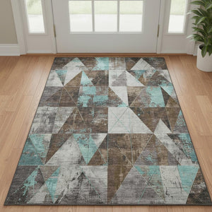 HomeRoots 5' X 8' Chocolate & Teal Geometric Area Rug - UV Protected, Washable, Stain-Resistant & Non-Slip! 706965