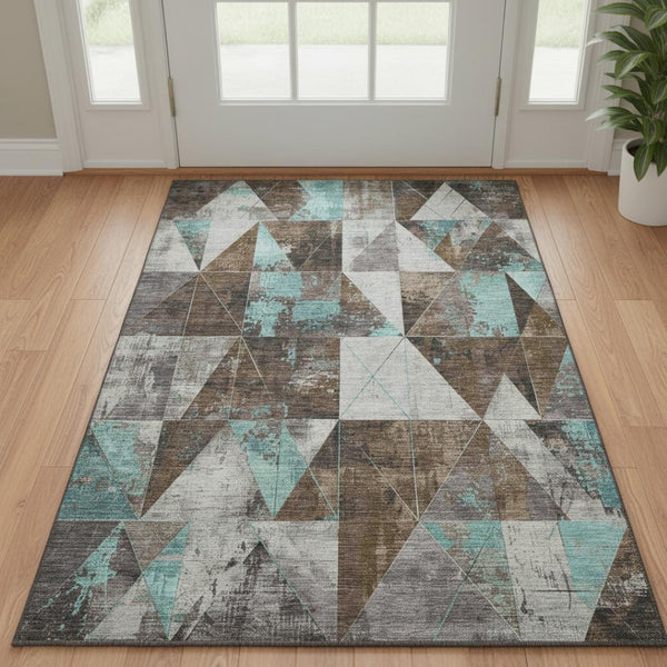 HomeRoots 5' X 8' Chocolate & Teal Geometric Area Rug - UV Protected, Washable, Stain-Resistant & Non-Slip! 706965