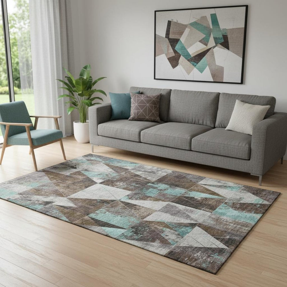HomeRoots 8' Chocolate and Teal Geometric Round Rug - Washable, UV-Protected, Durable for High-Traffic Areas 706966
