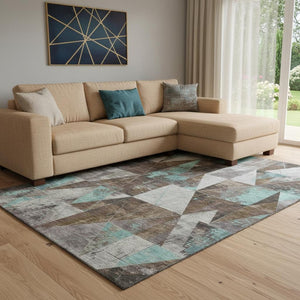 HomeRoots 9' X 12' Chocolate & Teal Geometric Washable Area Rug – Stylish, Durable, UV-Protected for Homes 706968