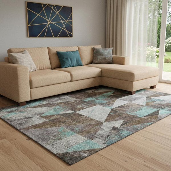 HomeRoots 9' X 12' Chocolate & Teal Geometric Washable Area Rug – Stylish, Durable, UV-Protected for Homes 706968