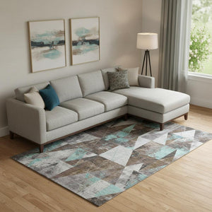 HomeRoots 10' X 14' Chocolate and Teal Geometric Area Rug - Durable, Stain-Resistant, UV Protected Elegance 706969