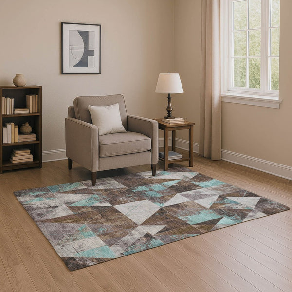 HomeRoots 10' X 14' Chocolate and Teal Geometric Area Rug - Durable, Stain-Resistant, UV Protected Elegance 706969