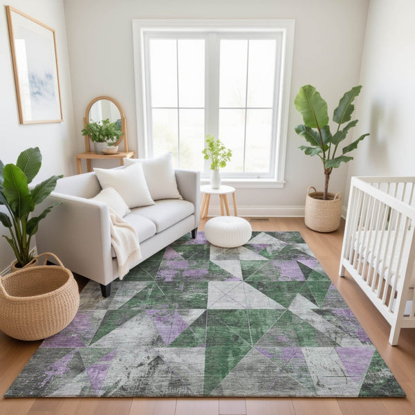 HomeRoots 5' X 8' Emerald & Purple Geometric Washable Area Rug - UV Protected, Durable & Easy Care Design 706971