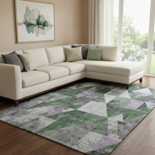 HomeRoots 9' X 12' Vibrant Emerald and Purple Geometric Washable Area Rug with Stain Resistance & UV Protection 706974