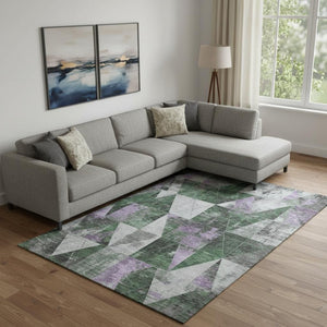 HomeRoots 10' X 14' Vibrant Emerald & Purple Geometric Washable Area Rug with UV Protection for High-Traffic Spaces 706975