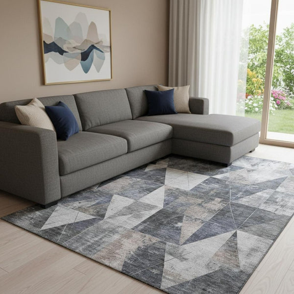 HomeRoots 9' X 12' Gray And Beige Geometric Washable Area Rug - UV Protected & Stain-Resistant for Busy Homes 706980