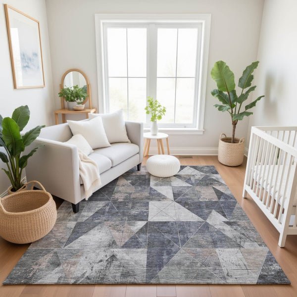 HomeRoots 9' X 12' Gray And Beige Geometric Washable Area Rug - UV Protected & Stain-Resistant for Busy Homes 706980