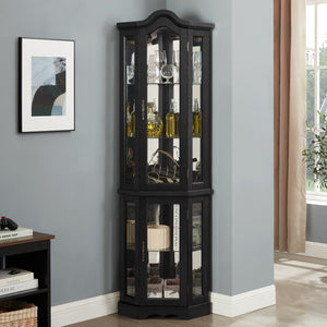 English Elm Lighted Corner Curio Cabinet With Adjustable Shelves & Integrated Lighting - Stylish Oak Display Solution W1758P300124
