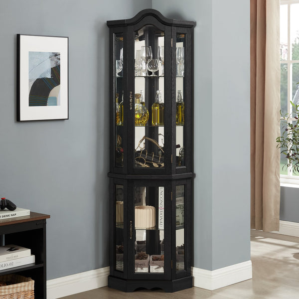 English Elm Lighted Corner Curio Cabinet With Adjustable Shelves & Integrated Lighting - Stylish Oak Display Solution W1758P300124
