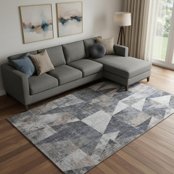 HomeRoots 10' Gray and Beige Geometric Area Rug – Washable, UV Protected, Durable for High-Traffic Spaces! 706981