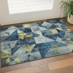 HomeRoots 5' x 8' Navy Blue and Gold Geometric Area Rug - Washable, UV-Protected, Stylish for Every Home! 706983