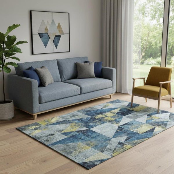 HomeRoots 8' Navy Blue & Gold Geometric Washable Round Rug – Durable, Stain-Resistant, UV Protected Comfort 706984