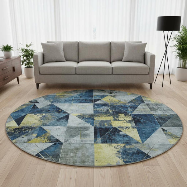 HomeRoots 8' X 10' Navy Blue & Gold Geometric Area Rug - Washable, UV-Protected, Stain-Resistant for Families 706985