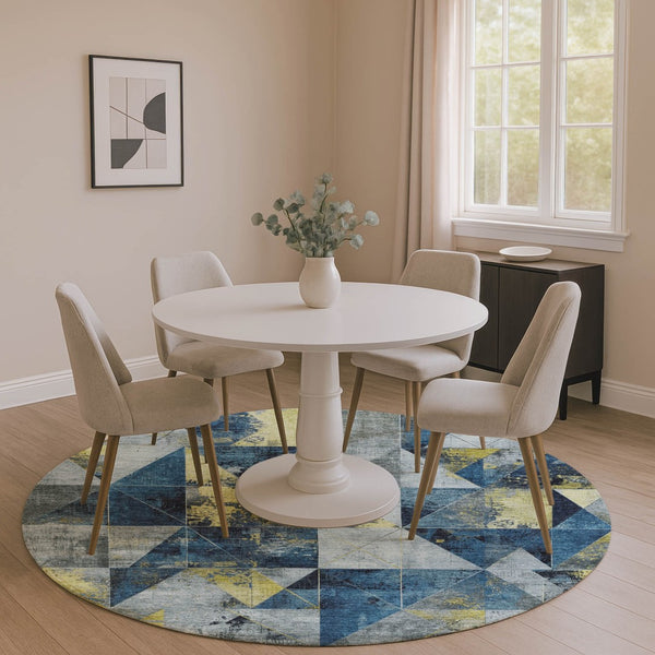 HomeRoots 8' X 10' Navy Blue & Gold Geometric Area Rug - Washable, UV-Protected, Stain-Resistant for Families 706985