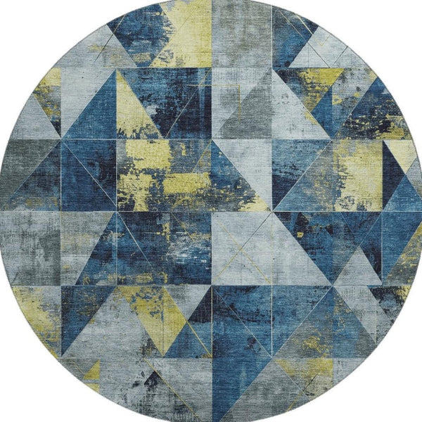 HomeRoots 8' X 10' Navy Blue & Gold Geometric Area Rug - Washable, UV-Protected, Stain-Resistant for Families 706985