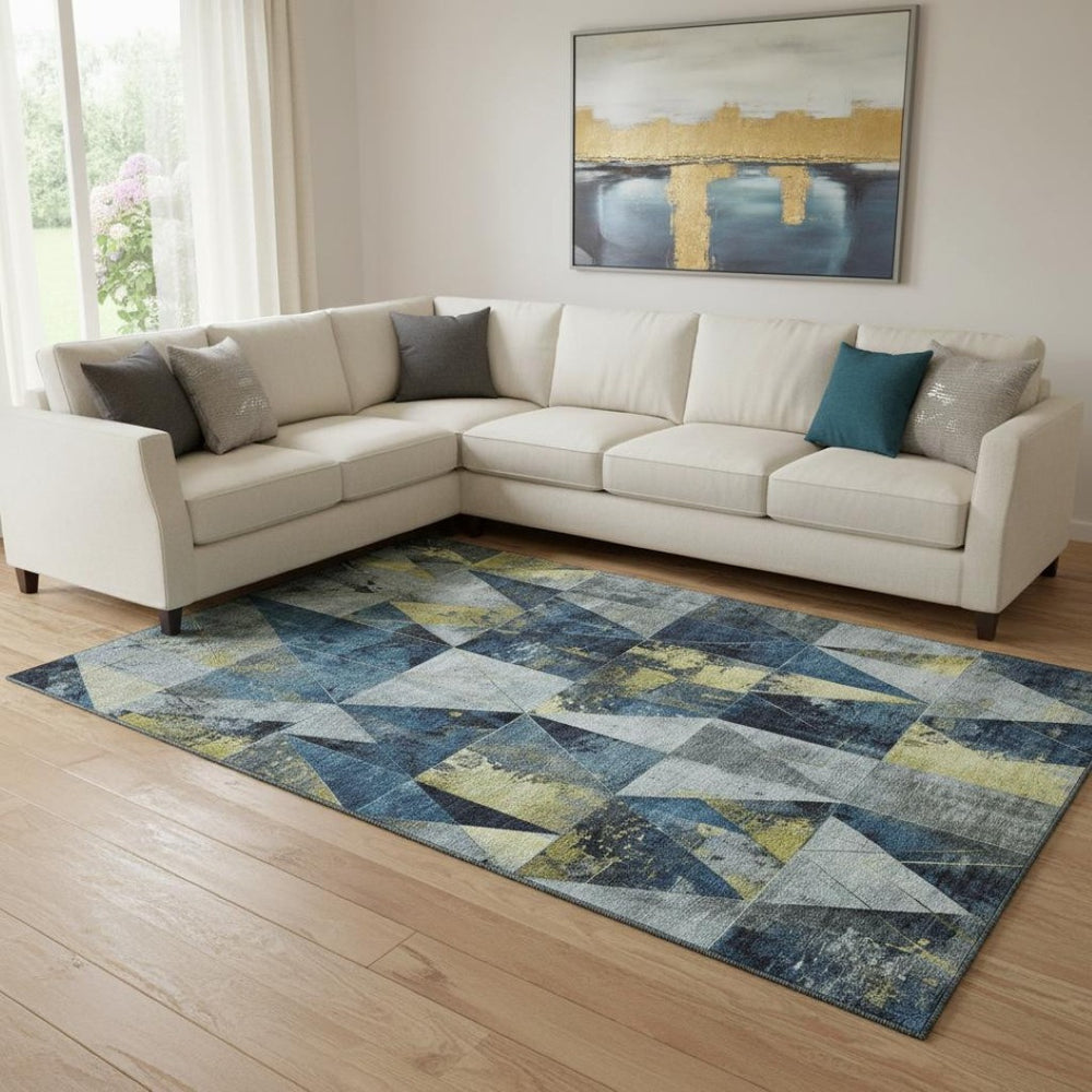 HomeRoots 9' X 12' Navy Blue & Gold Geometric Area Rug - Washable, Stain-Resistant, UV Protected for All Spaces 706986