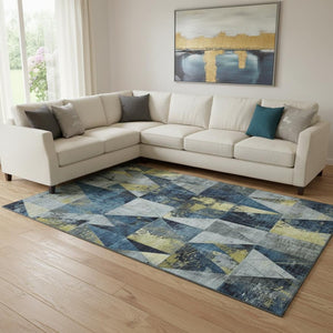 HomeRoots 9' X 12' Navy Blue & Gold Geometric Area Rug - Washable, Stain-Resistant, UV Protected for All Spaces 706986