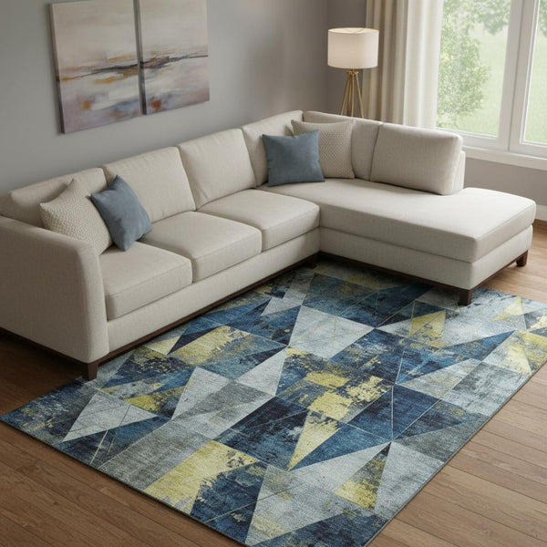 HomeRoots 10' Navy Blue & Gold Geometric Area Rug - Washable, UV Protected, Stain Resistant for Modern Spaces 706987
