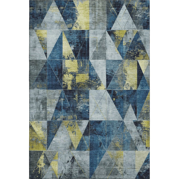 HomeRoots 10' Navy Blue & Gold Geometric Area Rug - Washable, UV Protected, Stain Resistant for Modern Spaces 706987