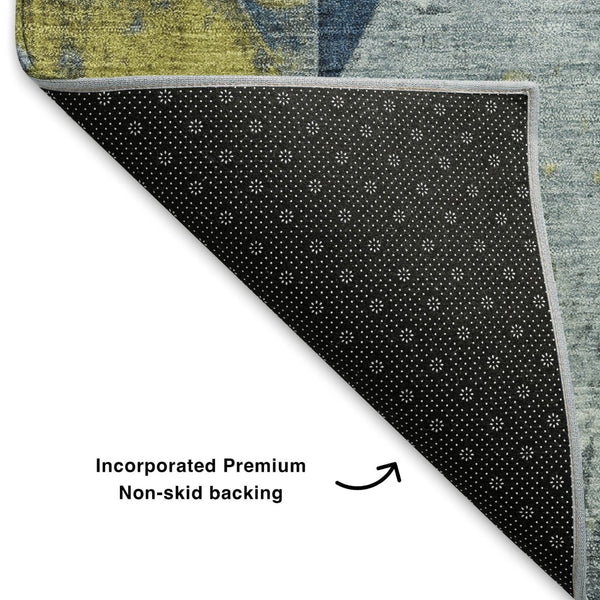 HomeRoots 10' Navy Blue & Gold Geometric Area Rug - Washable, UV Protected, Stain Resistant for Modern Spaces 706987