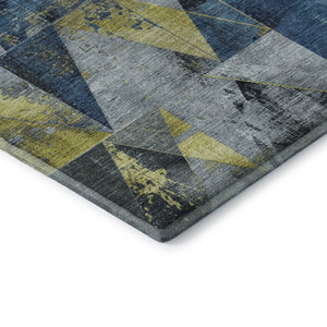 HomeRoots 10' Navy Blue & Gold Geometric Area Rug - Washable, UV Protected, Stain Resistant for Modern Spaces 706987