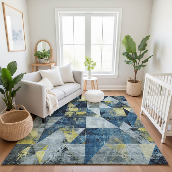 HomeRoots 10' Navy Blue & Gold Geometric Area Rug - Washable, UV Protected, Stain Resistant for Modern Spaces 706987