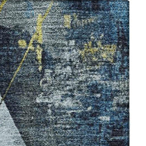 HomeRoots 10' Navy Blue & Gold Geometric Area Rug - Washable, UV Protected, Stain Resistant for Modern Spaces 706987
