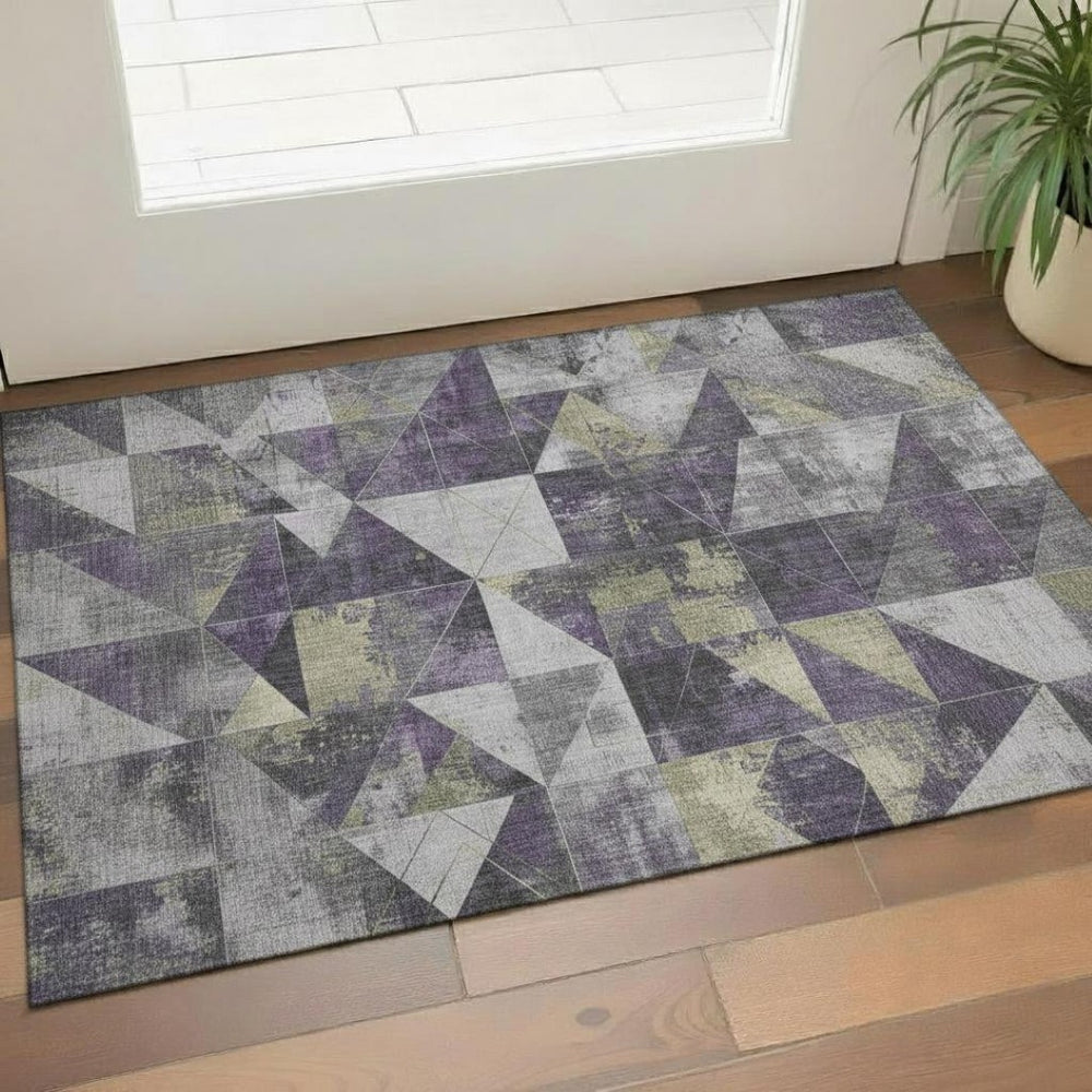 HomeRoots 5' Purple & Beige Geometric Washable Area Rug – UV Protected, Stain-Resistant, Durable Design for Homes 706989