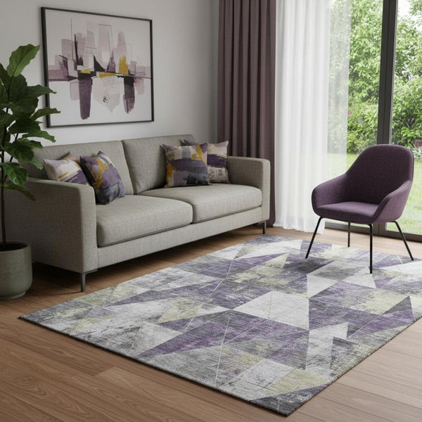 HomeRoots 8' Bold Purple and Beige Geometric Washable Round Rug with UV Protection for Indoor and Outdoor Use 706990