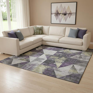 HomeRoots 9' X 12' Stylish Purple & Beige Geometric Washable Area Rug with UV Protection for Everyday Use 706992