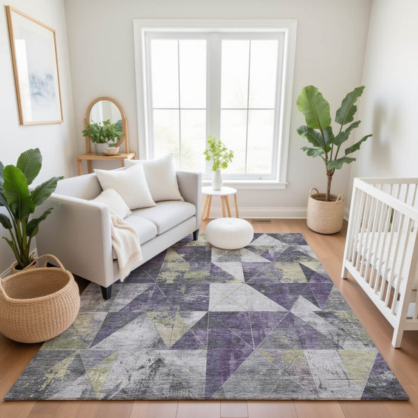 HomeRoots 10' X 14' Washable Purple and Beige Geometric Area Rug with UV Protection for Stylish Durability 706993