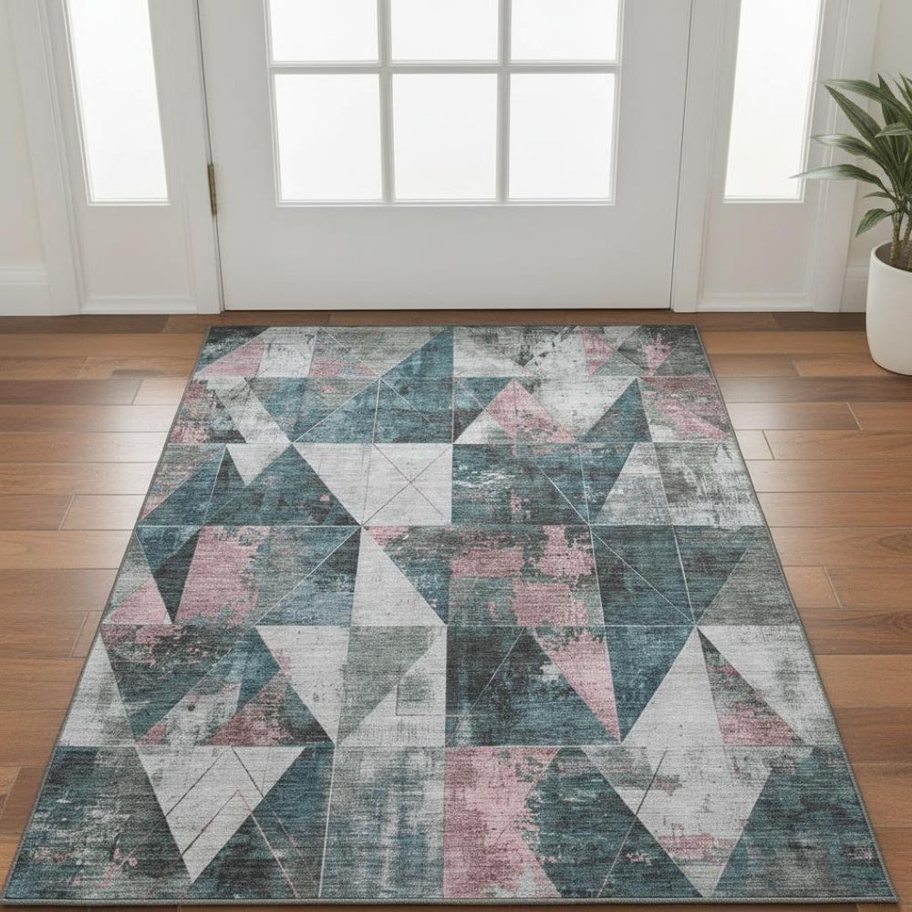 HomeRoots 5' X 8' Washable Pale Aqua & Coral Geometric Area Rug with UV Protection for Modern Living Spaces 706995