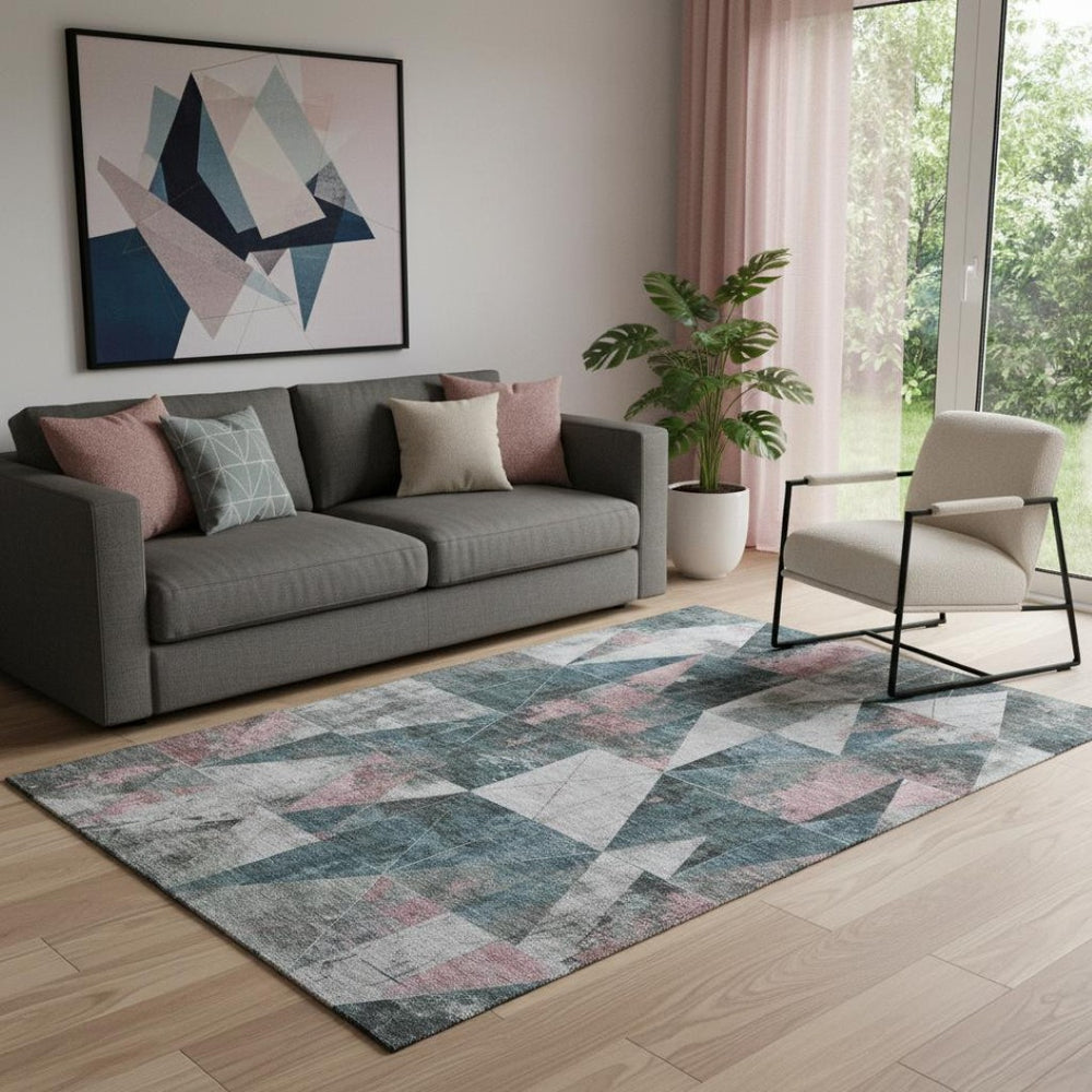 HomeRoots 8' Washable Round Rug in Pale Aqua & Coral - Stylish, UV-Protected, Stain-Resistant Design for Homes 706996