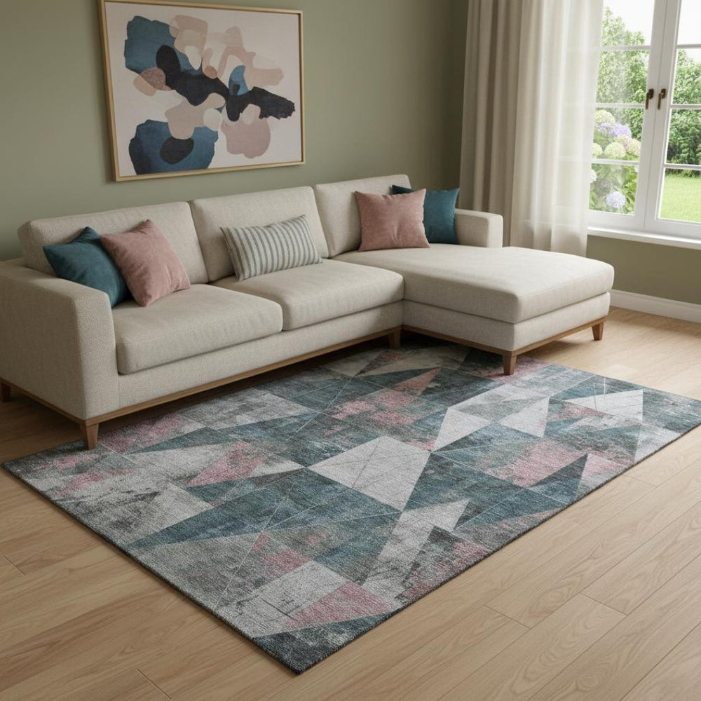 HomeRoots 9' X 12' Pale Aqua & Coral Geometric Washable Area Rug – UV Protected, Non-Slip & Kid-Friendly Design 706998