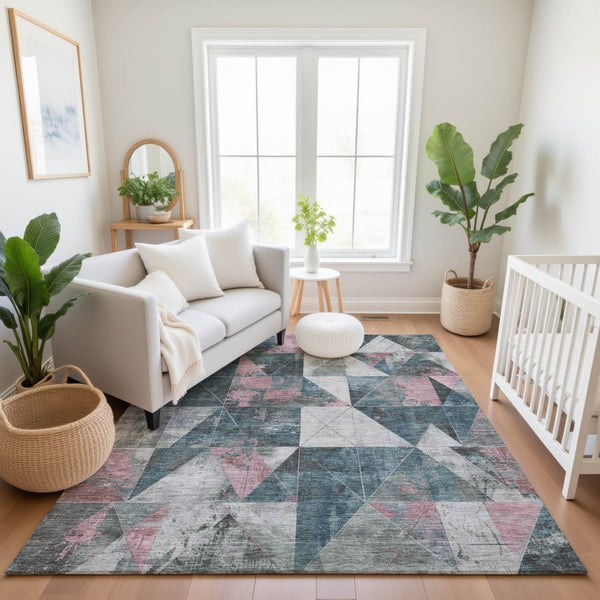 HomeRoots 9' X 12' Pale Aqua & Coral Geometric Washable Area Rug – UV Protected, Non-Slip & Kid-Friendly Design 706998