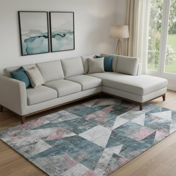 HomeRoots 10' X 14' Pale Aqua Coral Geometric Area Rug - Washable, UV Protected, Non-Slip for Modern Spaces 706999