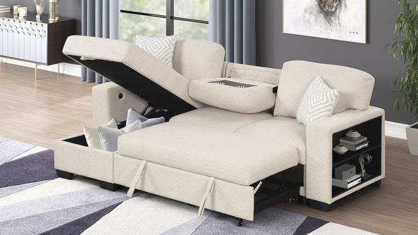 English Elm Pinto Reversible Sectional Sofa with Sleeper, Storage Chaise, Drop-Down Tray, USB Ports, Shelves Beige B009S01472