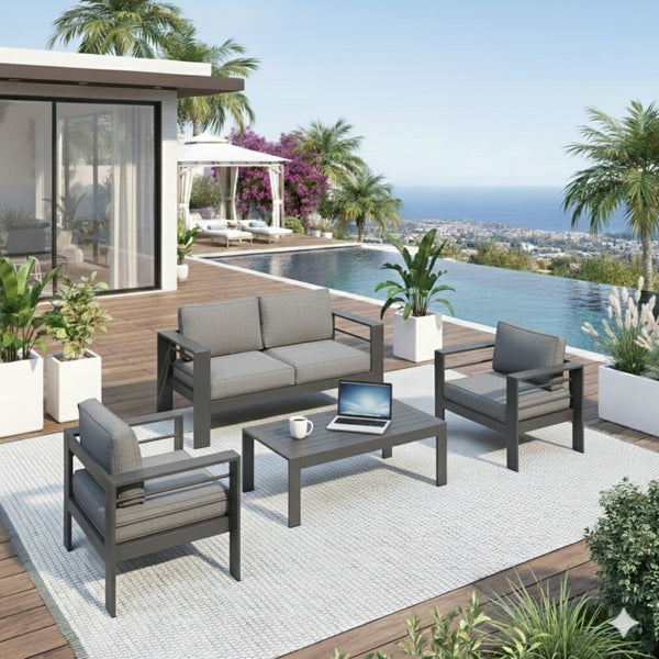 English Elm 4-piece Outdoor Aluminum Conversation Set with Deep Lounge Seating and Wpc Coffee Table Dark Grey B082S00089