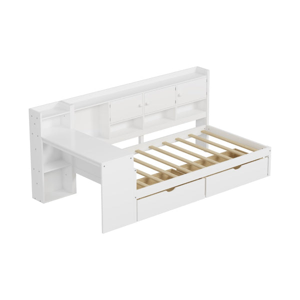 English Elm Wooden L-shape Twin Daybed with Desk Bookshelf and Nine Storage Compartments N733S351668K
