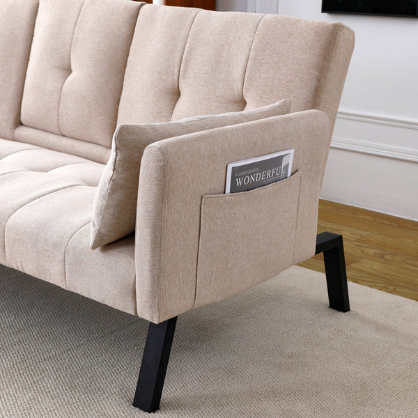 English Elm 70-inch Foldable Cotton Linen Sofa Bed with Cup Holder & Side Storage, Space-Saving 2-Seater Design Beige W3371P337197