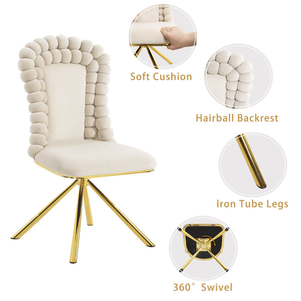 English Elm Dining Velvet Swivel Chairs Set of 2 with Hairball Backrest, Gold Metal Legs, Plush Foam Seat, Adjustable Feet Beige W757P281151