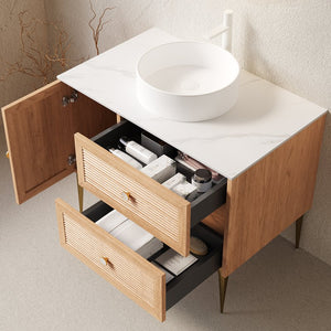 English Elm MUNIN Oak Bathroom Vanity 36" with Carrara Sintered Stone Top, White Ceramic Vessel Sink, Soft-Close W2615S00129