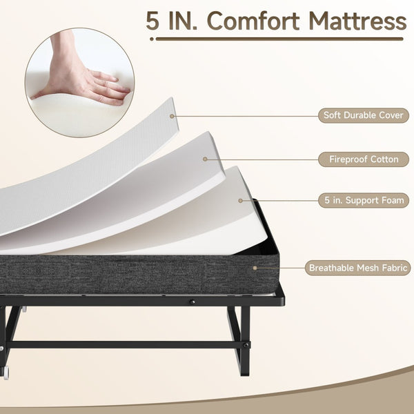 English Elm Portable Rollaway Guest Bed with Memory Foam Mattress Steel Frame and Storage Wheels T3210P471560