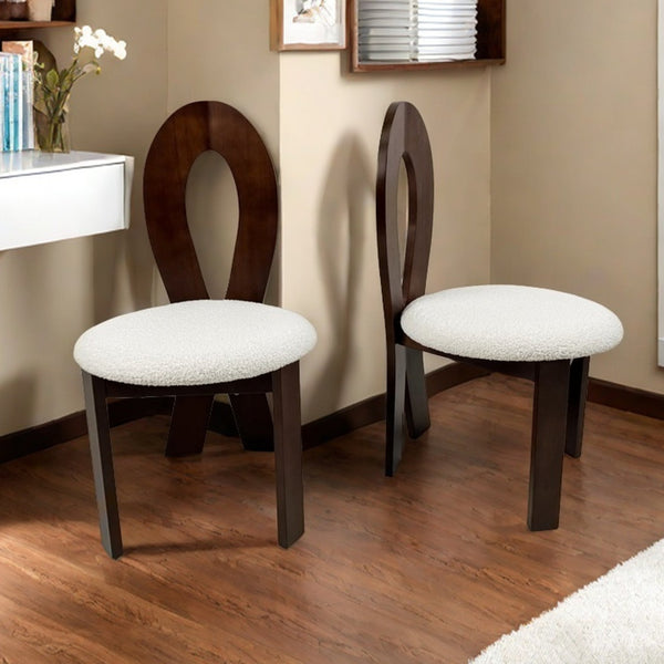 English Elm Dining Chairs Set Of 2 - Elegant Pure White Teddy Velvet With Deep Walnut Frame & Unique Backrest Design W2700P338556