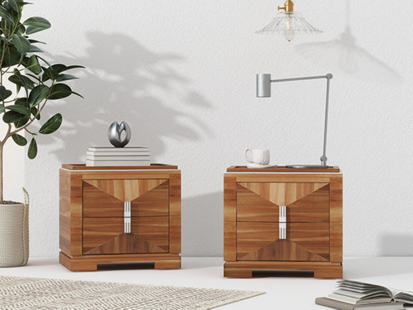 English Elm Mid-century Modern Nightstand with Diamond Geometric Drawers and Heavy Duty Wood Base Light Brown N761P324094M