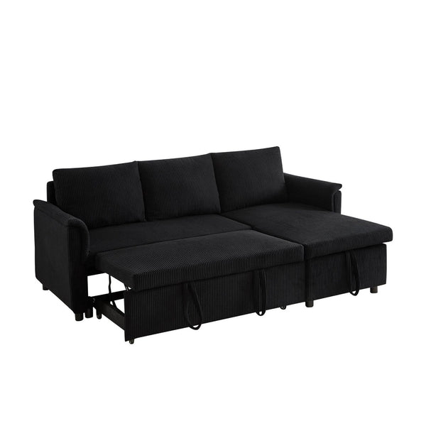 English Elm Loveseat Sectional Sleeper Sofa with Corduroy Tufted Upholstery Storage Chaise Reclining Black W2186S00011