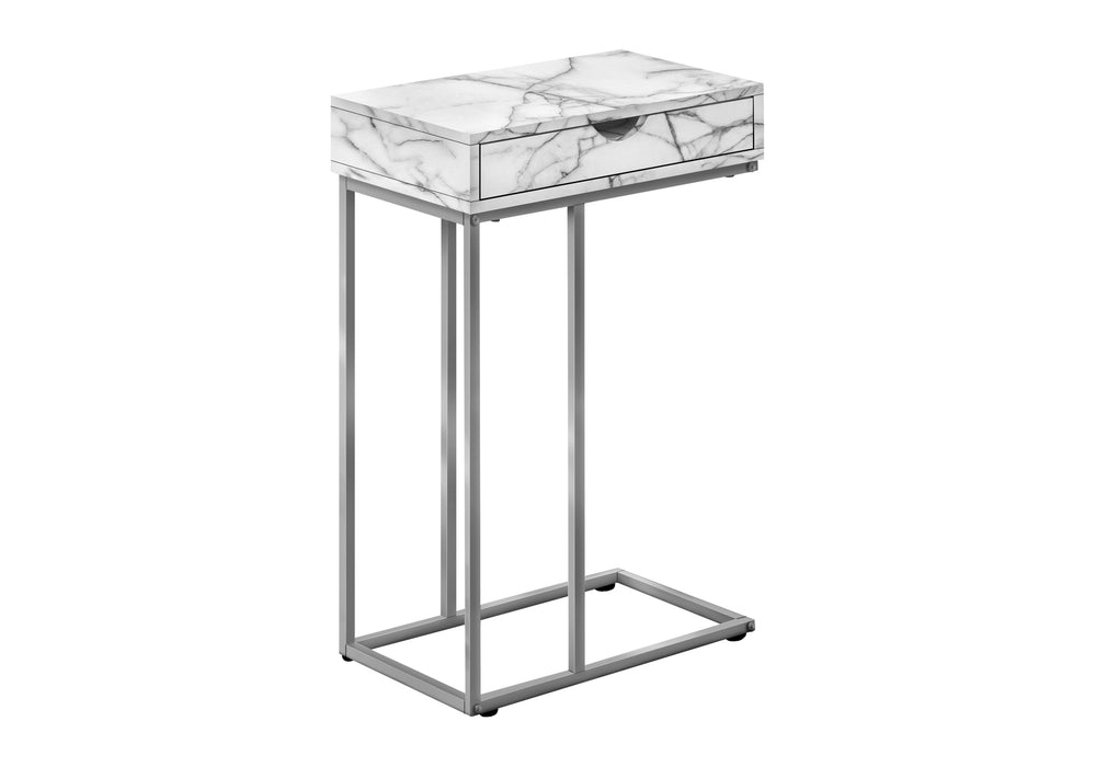 English Elm Accent Table - C-Shaped End Table With Storage Drawer, White Marble Look, Grey Metal Frame, Modern Design B2710P219421